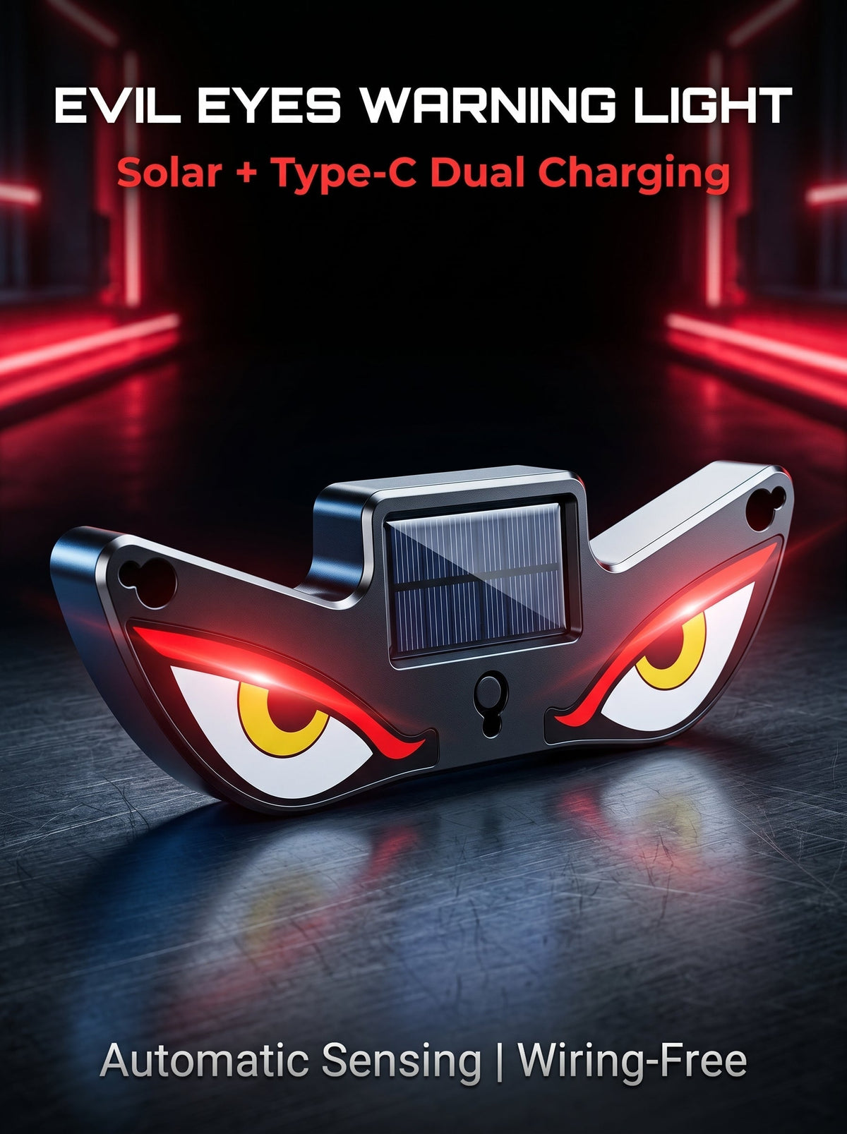 😈 Devil eye LED effect, high visibility at night! ☀️ Solar + Type-C dual charging, no wiring needed!
